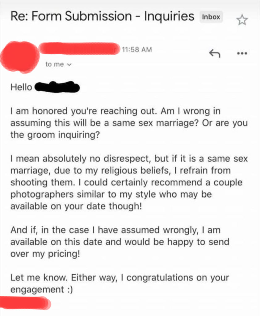 email snippet regarding same sex couple and refusing to work with them 