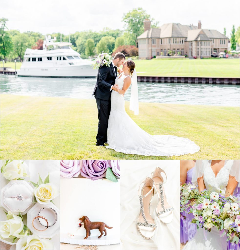 Grosse Ile wedding day photos of couple, rings, cake, brides shoes and flowers.